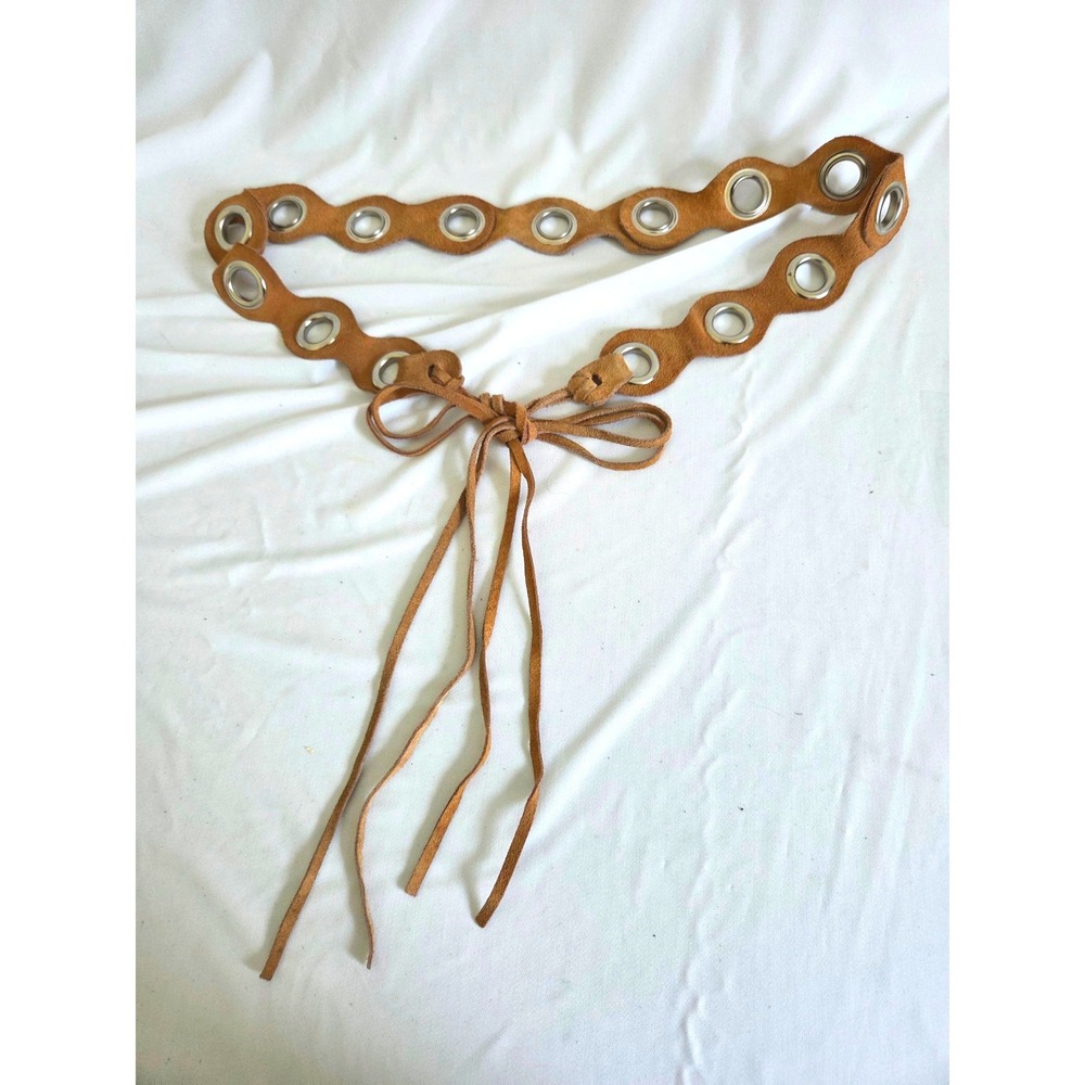 Vintage Tan Suede Grommet Belt Scalloped Eyelet Wrap Tie Waist Cinch